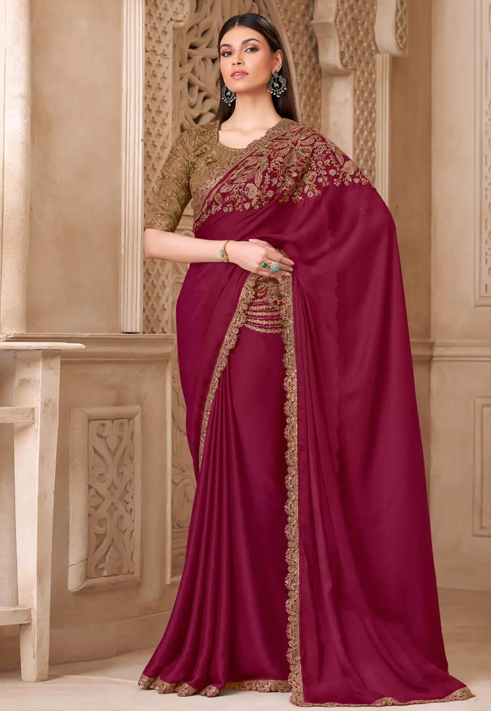 Maroon Tussar Silk Saree With Blouse 325674
