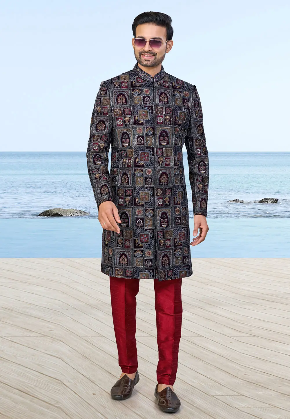 Maroon Velvet Achkan Style Sherwani 336939