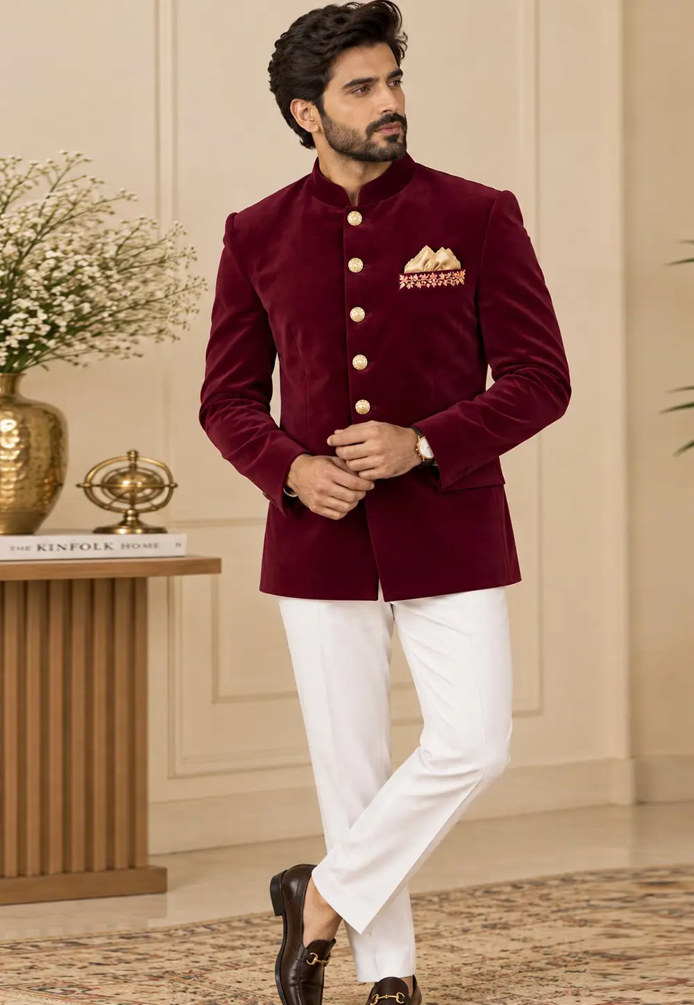Maroon Velvet Bandhgala Suit 336425