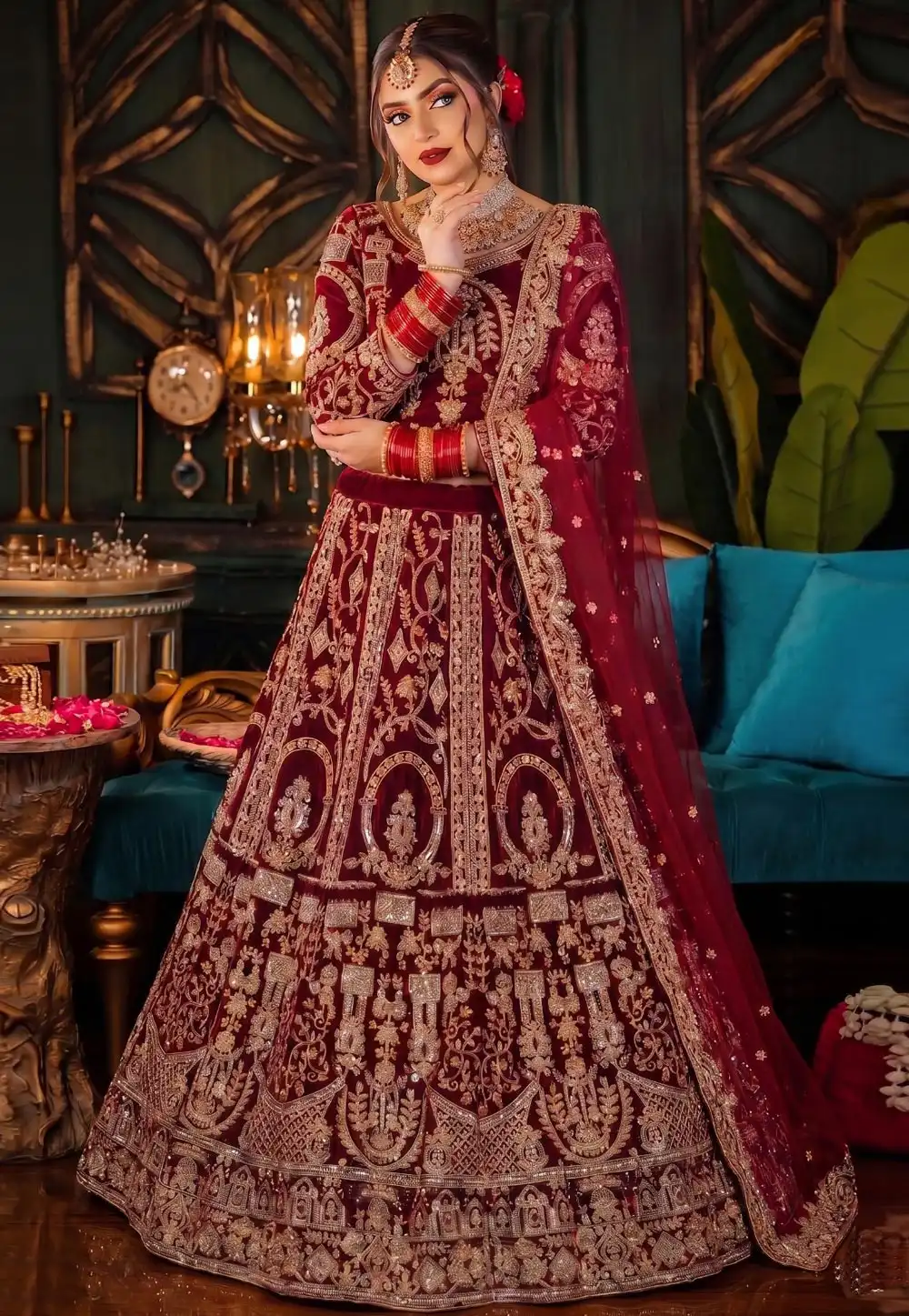 Maroon Velvet Bridal Lehenga Choli 328946