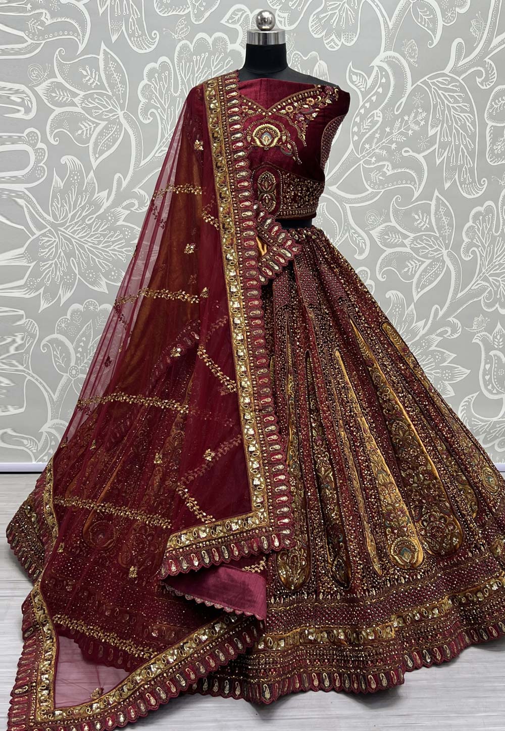 Maroon Velvet Bridal Lehenga Choli 279042