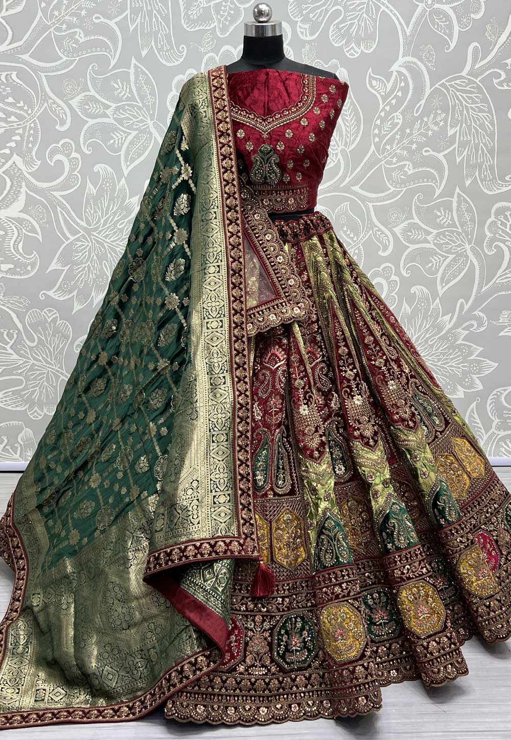 Maroon Velvet Bridal Lehenga Choli 280008