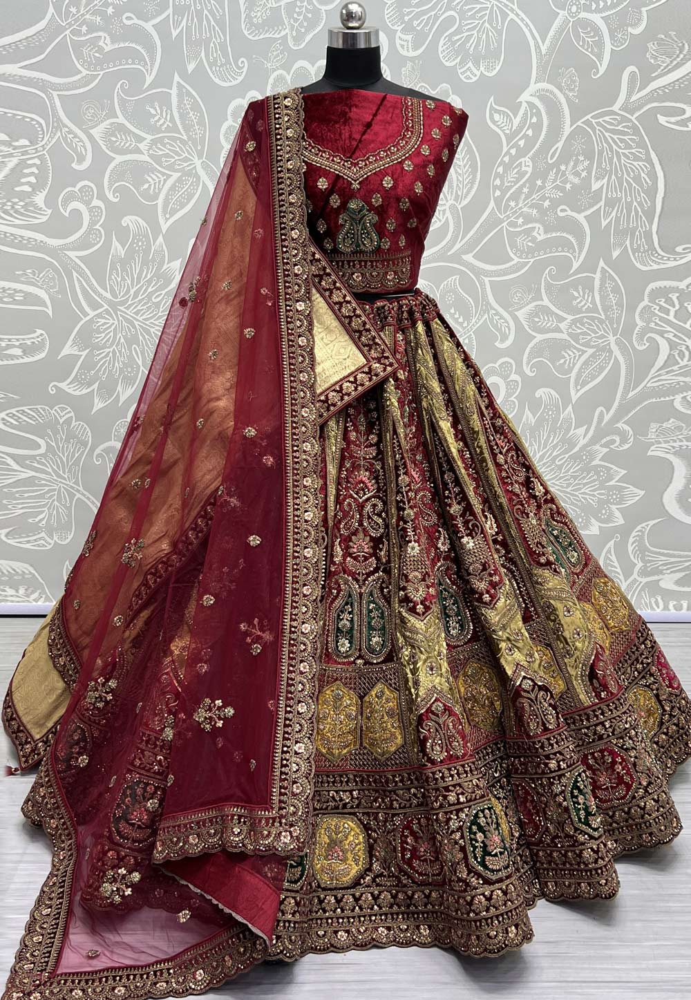 Maroon Velvet Bridal Lehenga Choli 280009