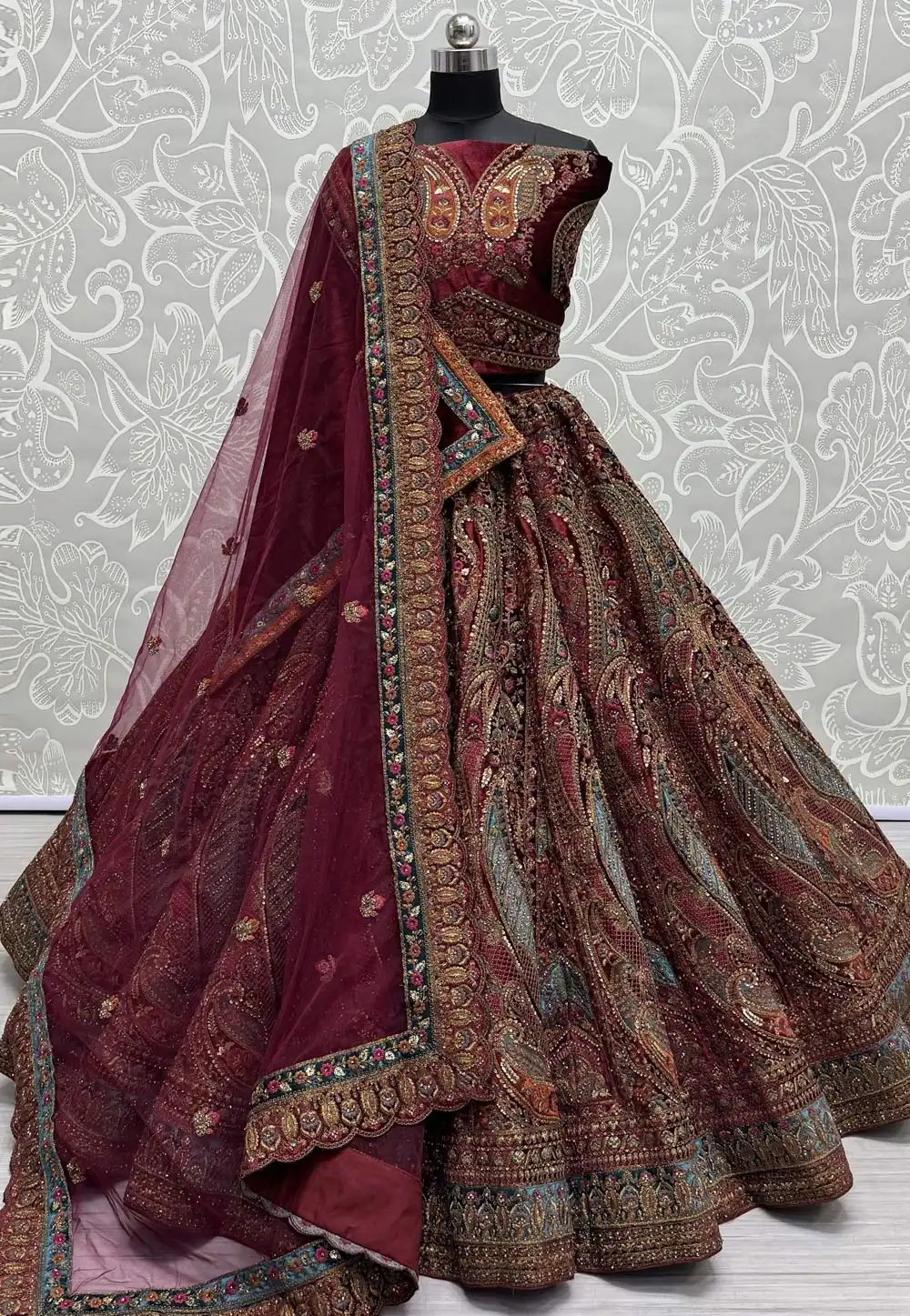 Maroon Velvet Bridal Lehenga Choli 287994