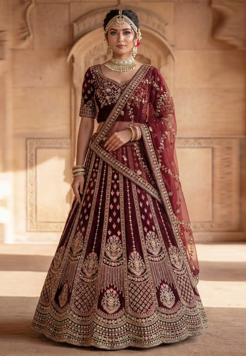 Maroon Velvet Bridal Lehenga Choli 328143