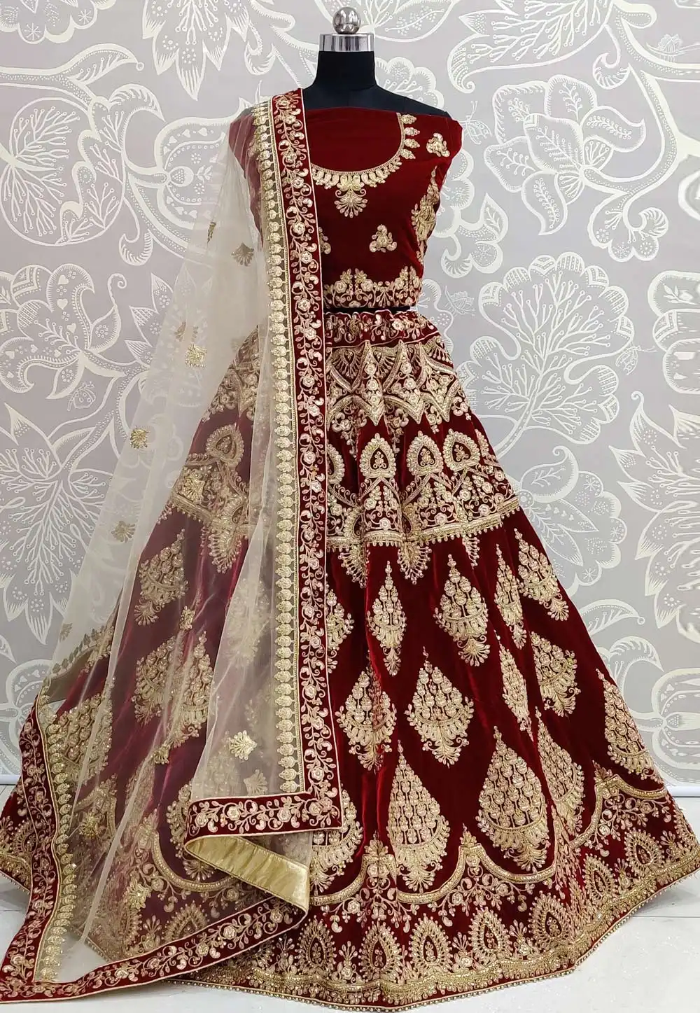 Maroon Velvet Bridal Lehenga Choli 307463