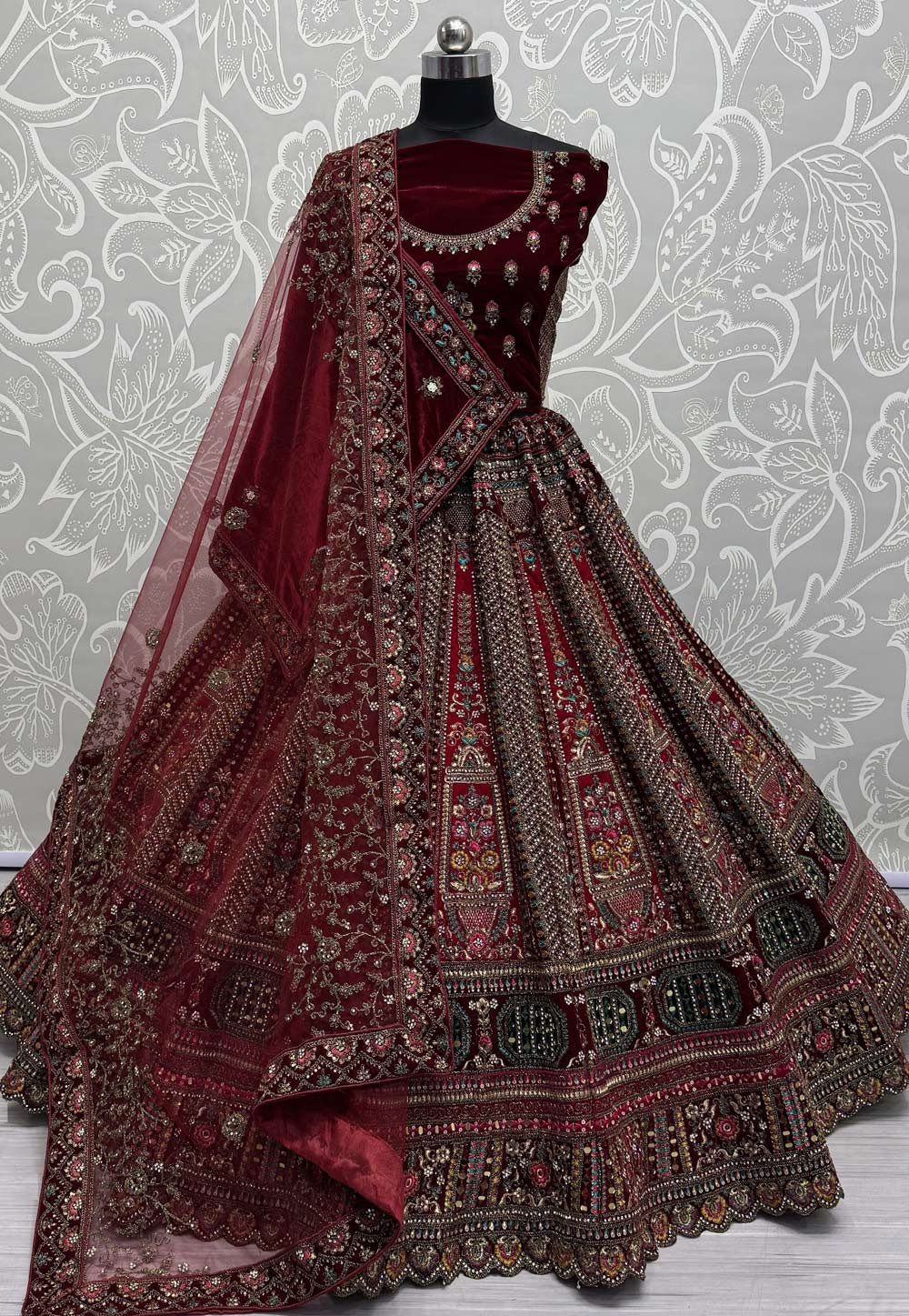 Maroon Velvet Bridal Lehenga Choli 310902