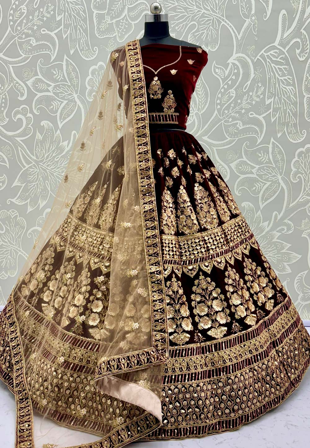 Maroon Velvet Bridal Lehenga Choli 312989