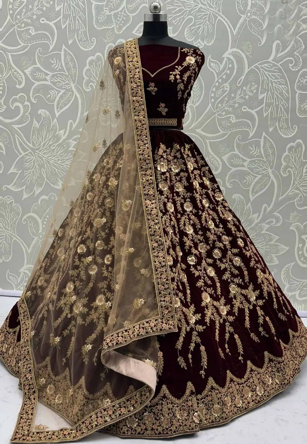 Maroon Velvet Bridal Lehenga Choli 312990