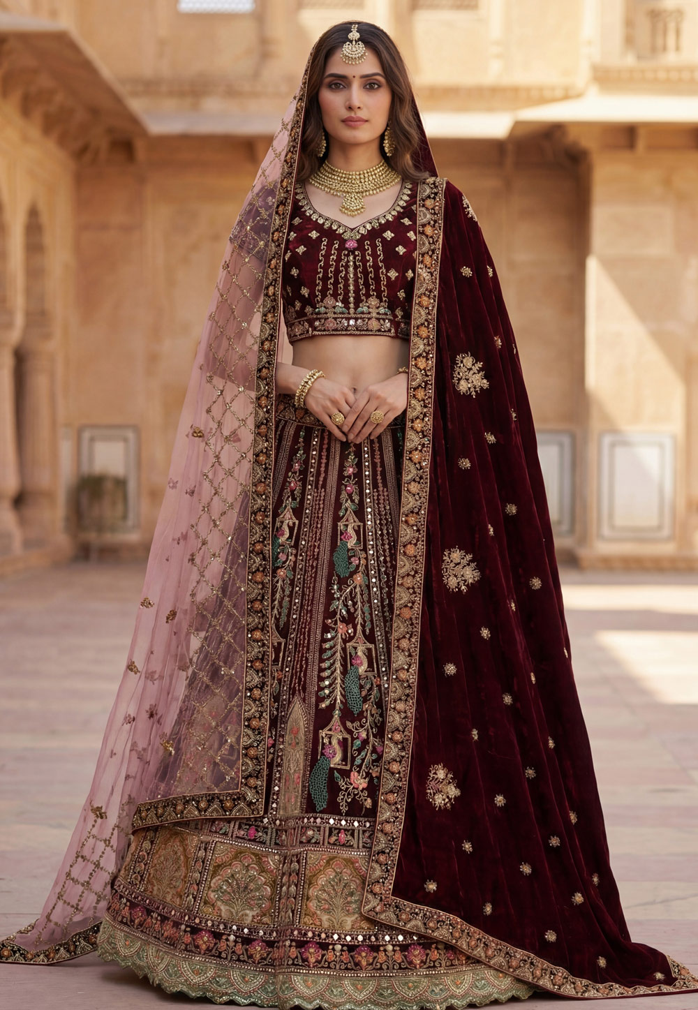 Maroon Velvet Bridal Lehenga Choli 323074