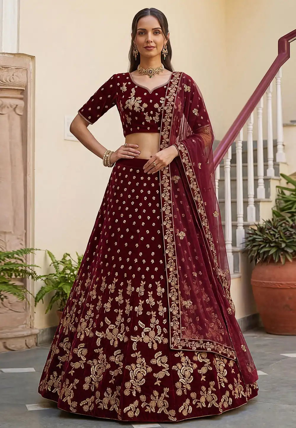 Maroon Velvet Bridal Lehenga Choli 328799