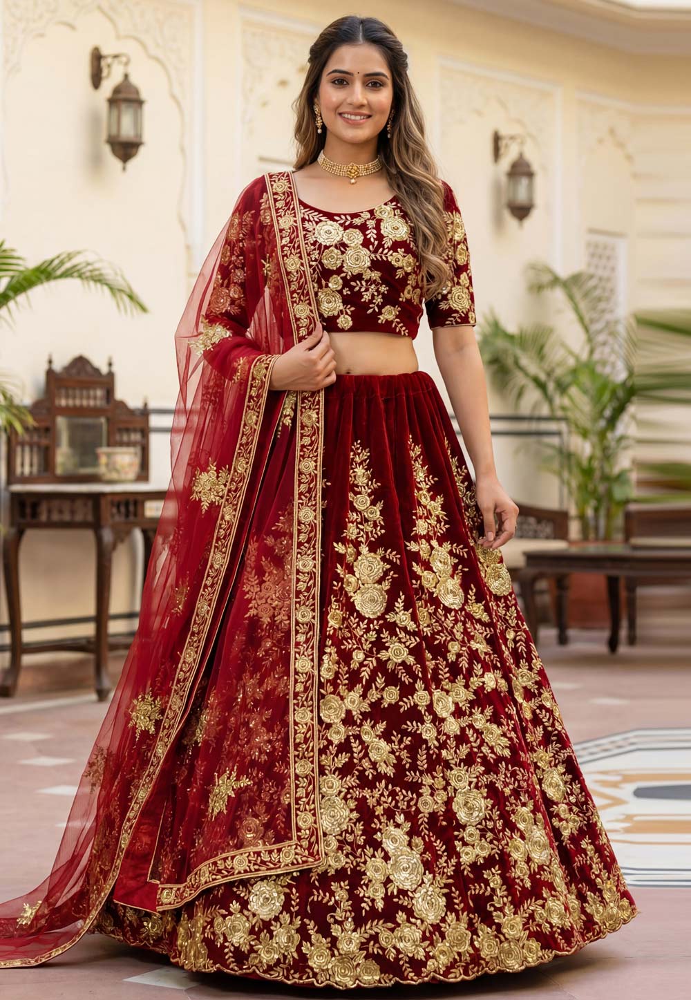 Maroon Velvet Bridal Lehenga Choli 325583