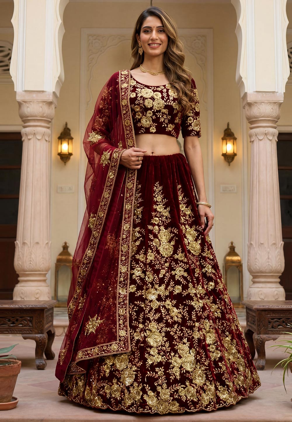 Maroon Velvet Bridal Lehenga Choli 325585