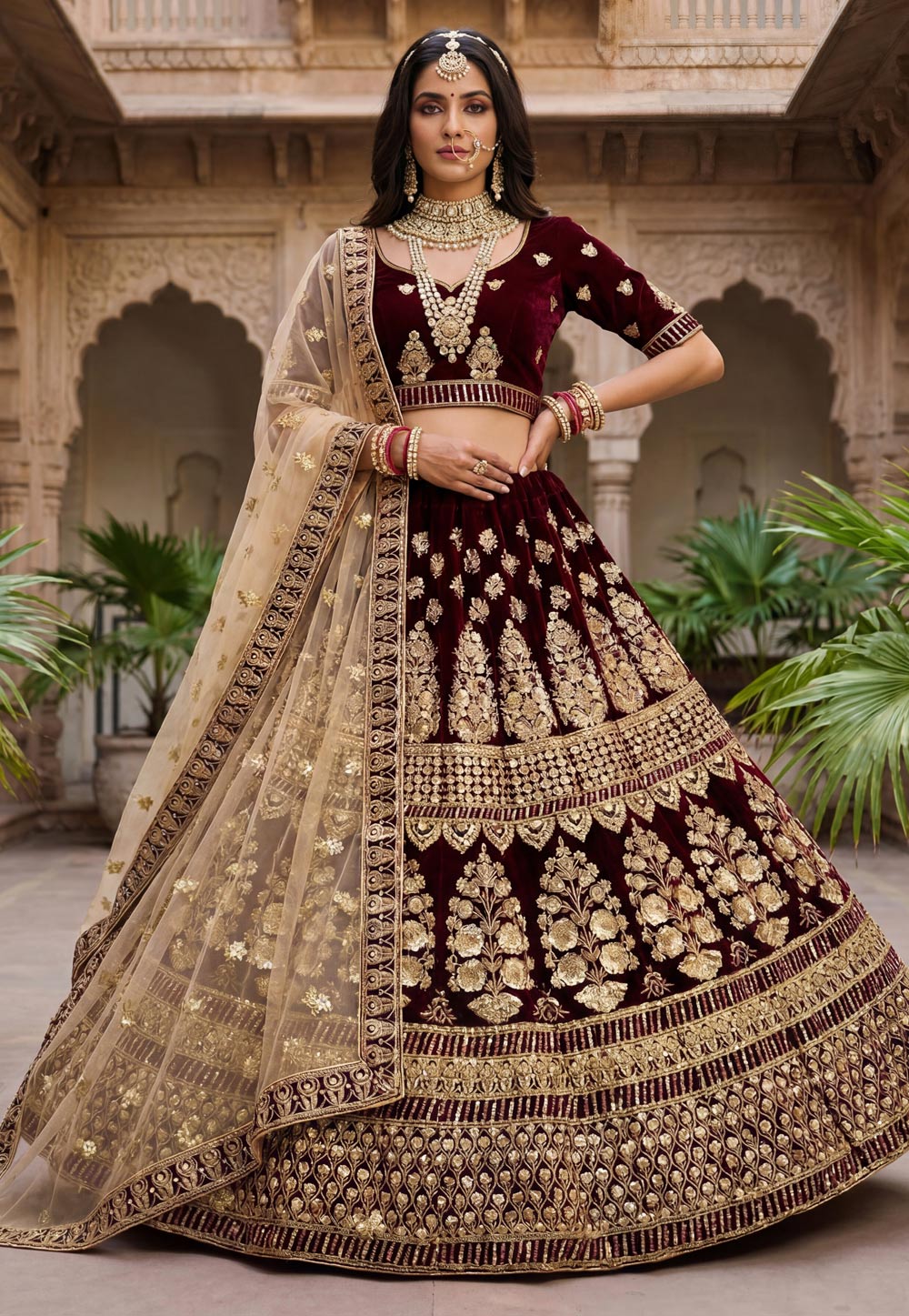 Maroon Velvet Bridal Lehenga Choli 325586
