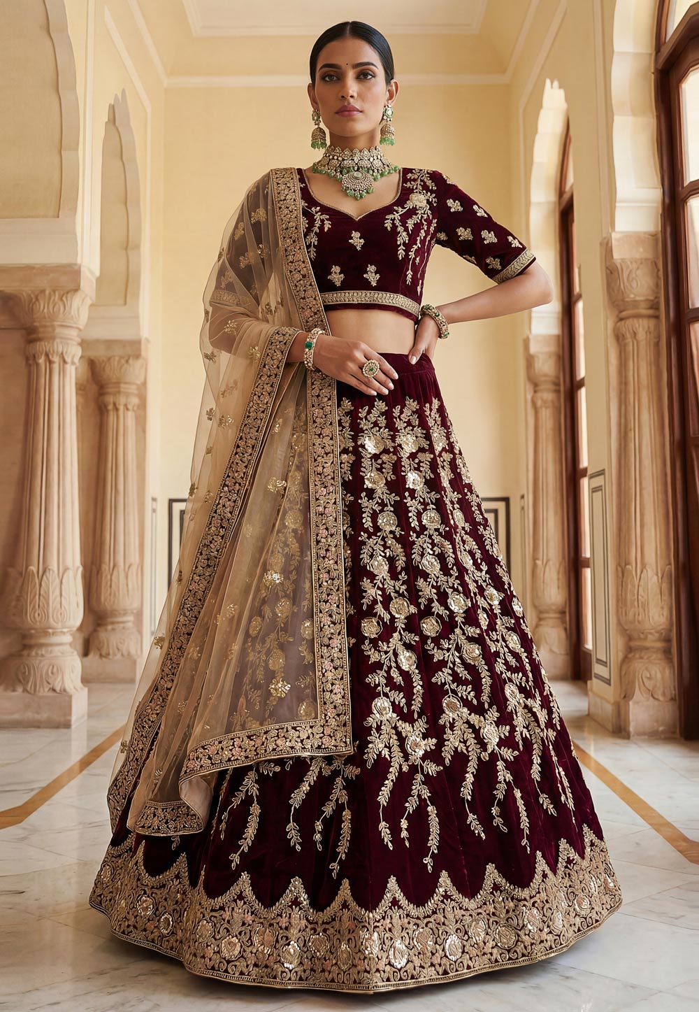 Maroon Velvet Bridal Lehenga Choli 325588