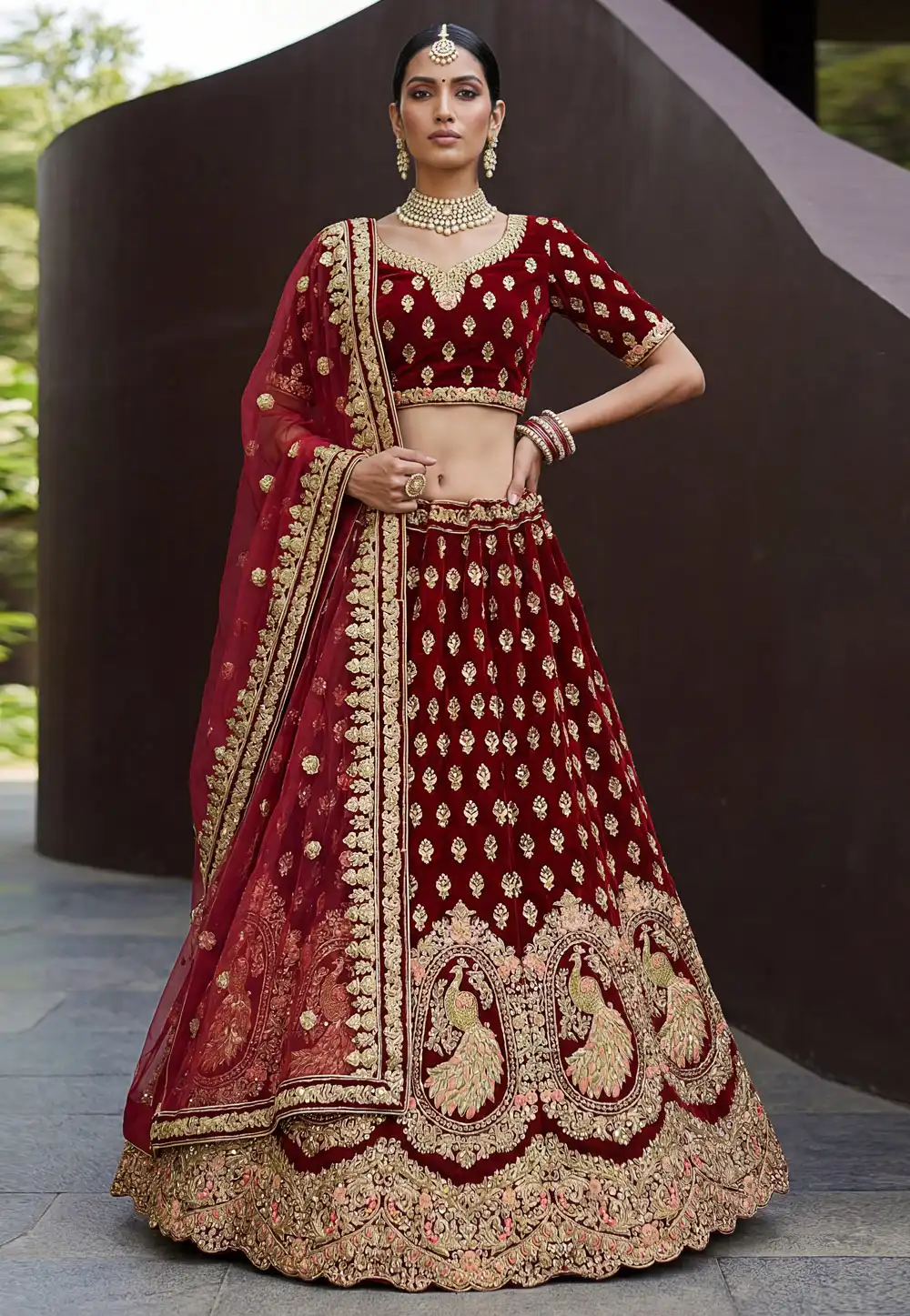 Maroon Velvet Bridal Lehenga Choli 326317