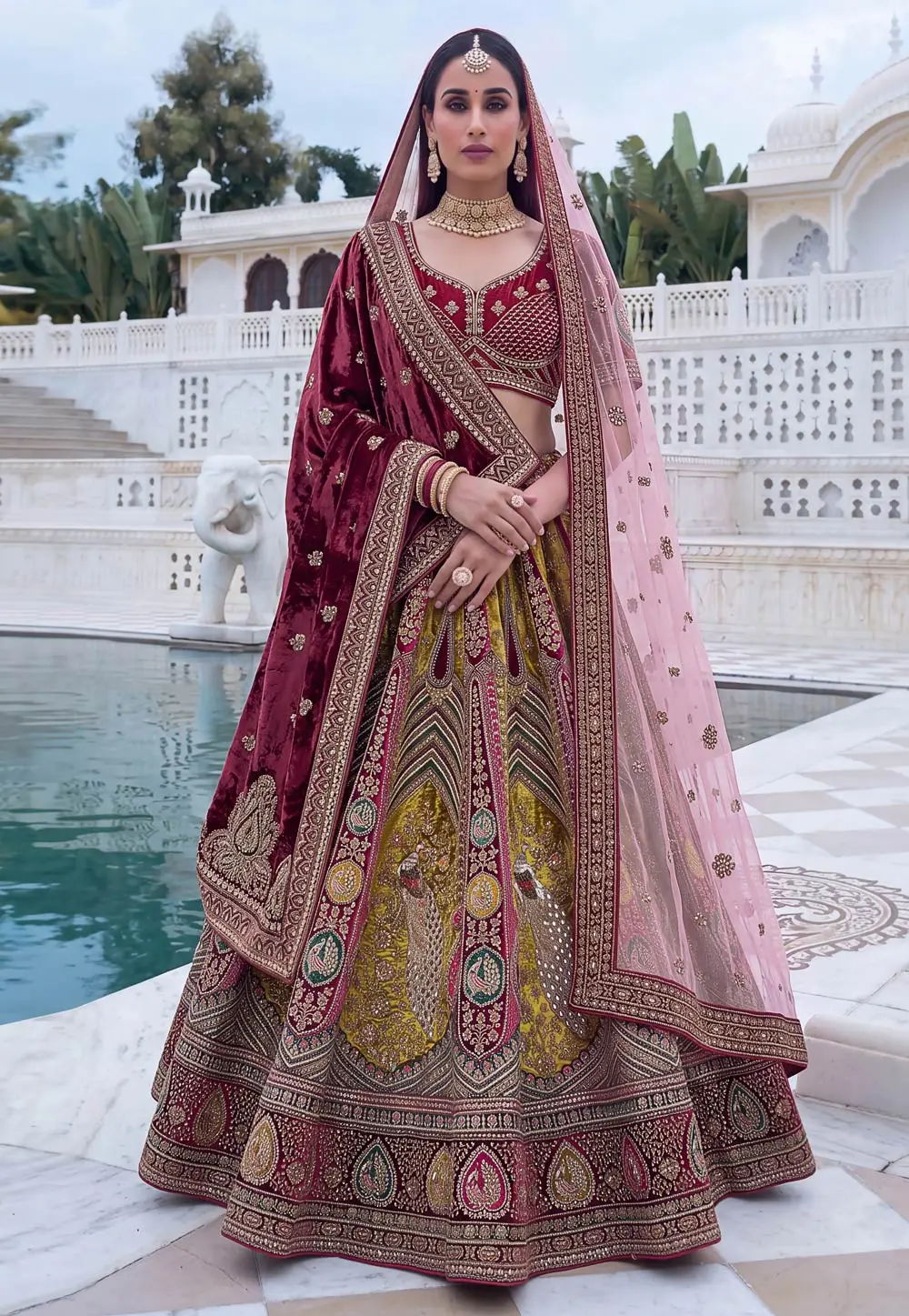 Maroon Velvet Bridal Lehenga Choli 332822