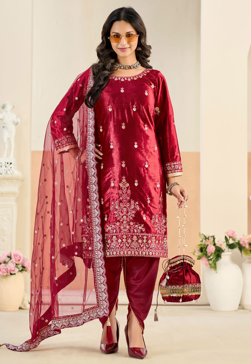 Maroon Velvet Dhoti Style Suit 324077