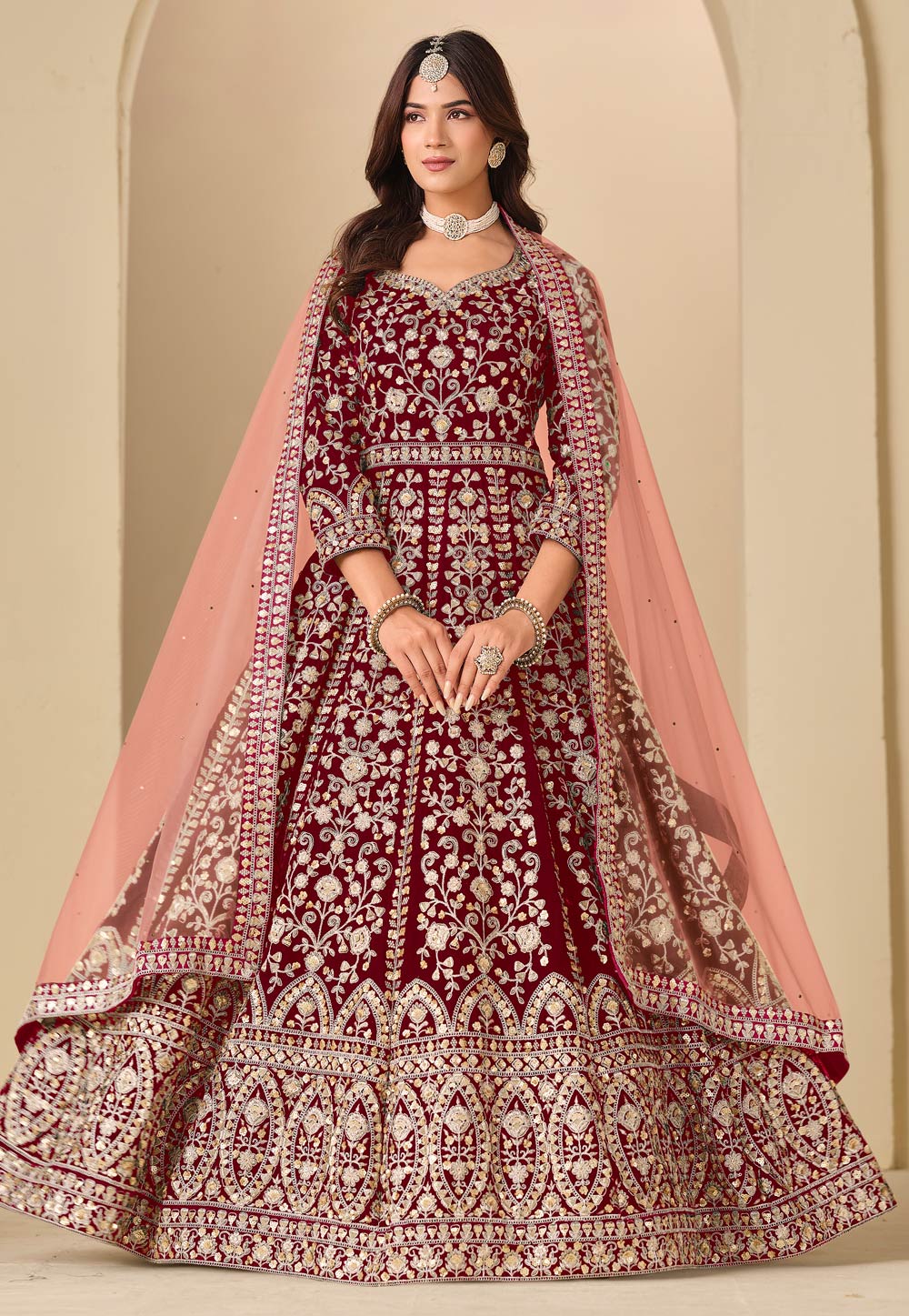 Maroon Velvet Embroidered Long Anarkali Suit 323098