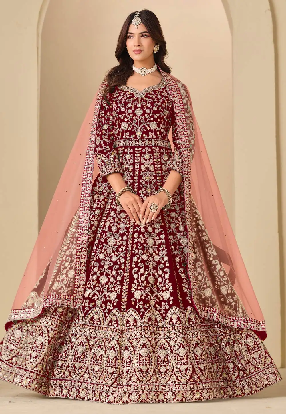 Maroon Velvet Embroidered Long Anarkali Suit 323098