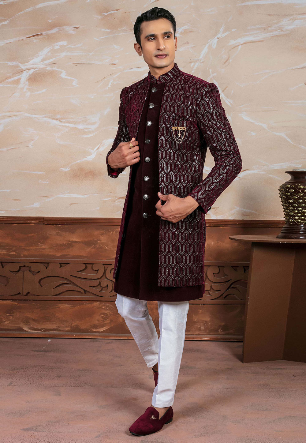 Maroon Velvet Indo Western Suit 287144
