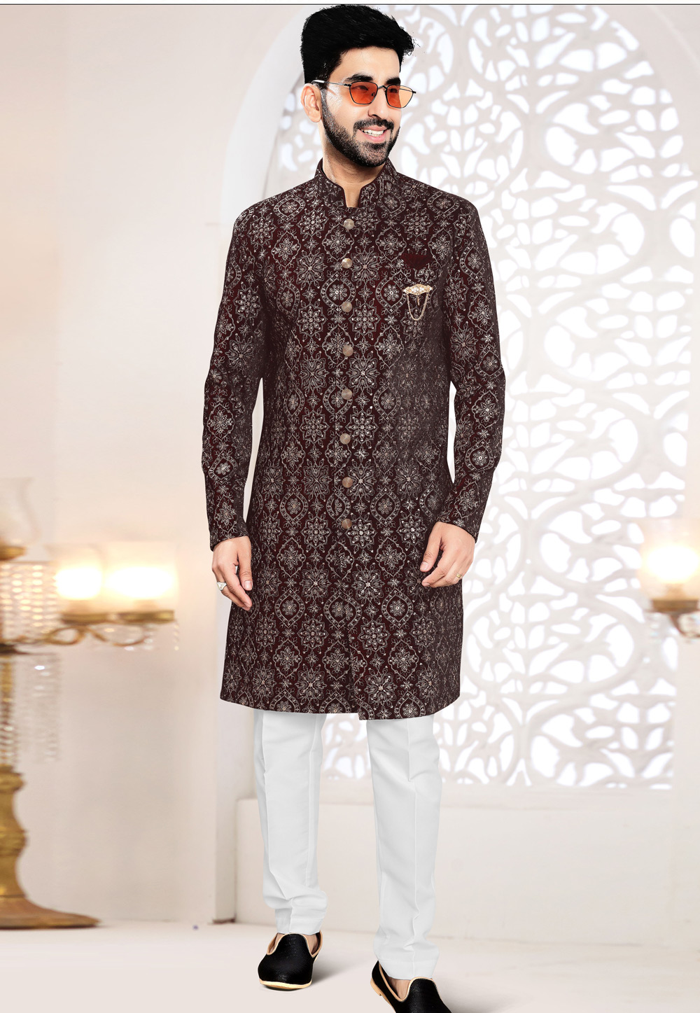 Maroon Velvet Indo Western Suit 306438