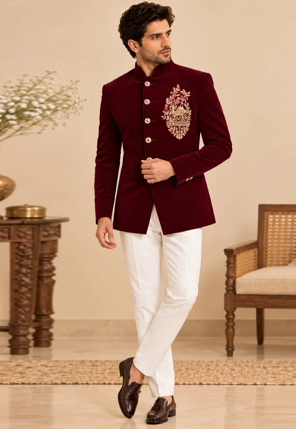 Maroon Velvet Jodhpuri Suit 336434