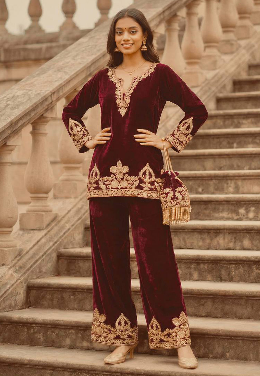 Maroon Velvet Kurta Set With Palazzo 321594