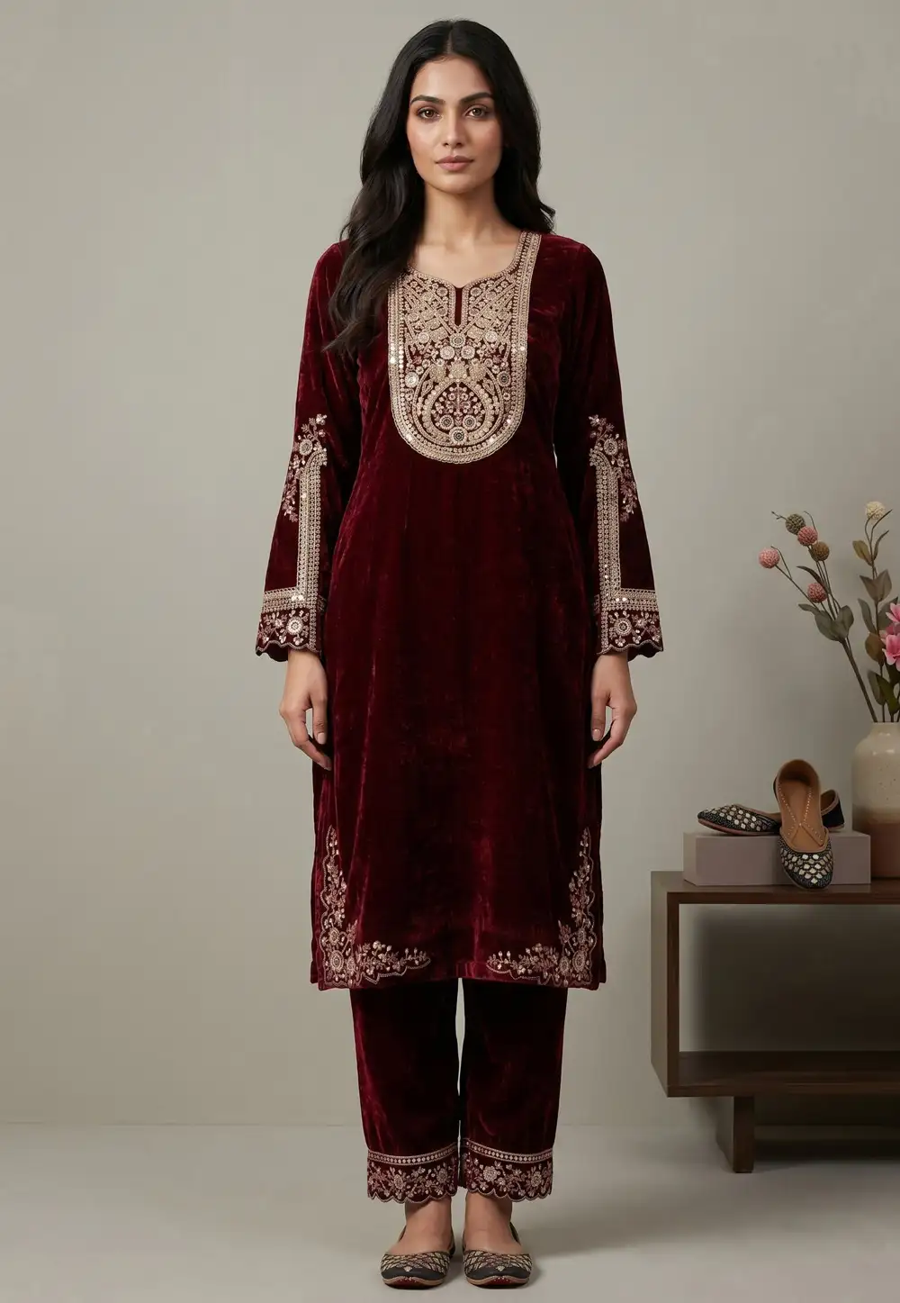 Maroon Velvet Kurta Set With Pant 330742