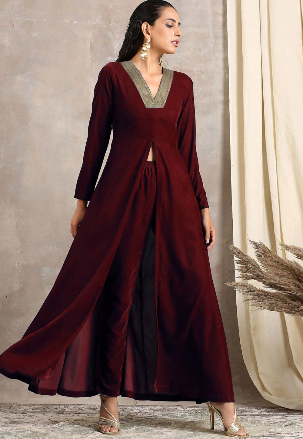 Maroon Velvet Kurta Set With Pant 306871
