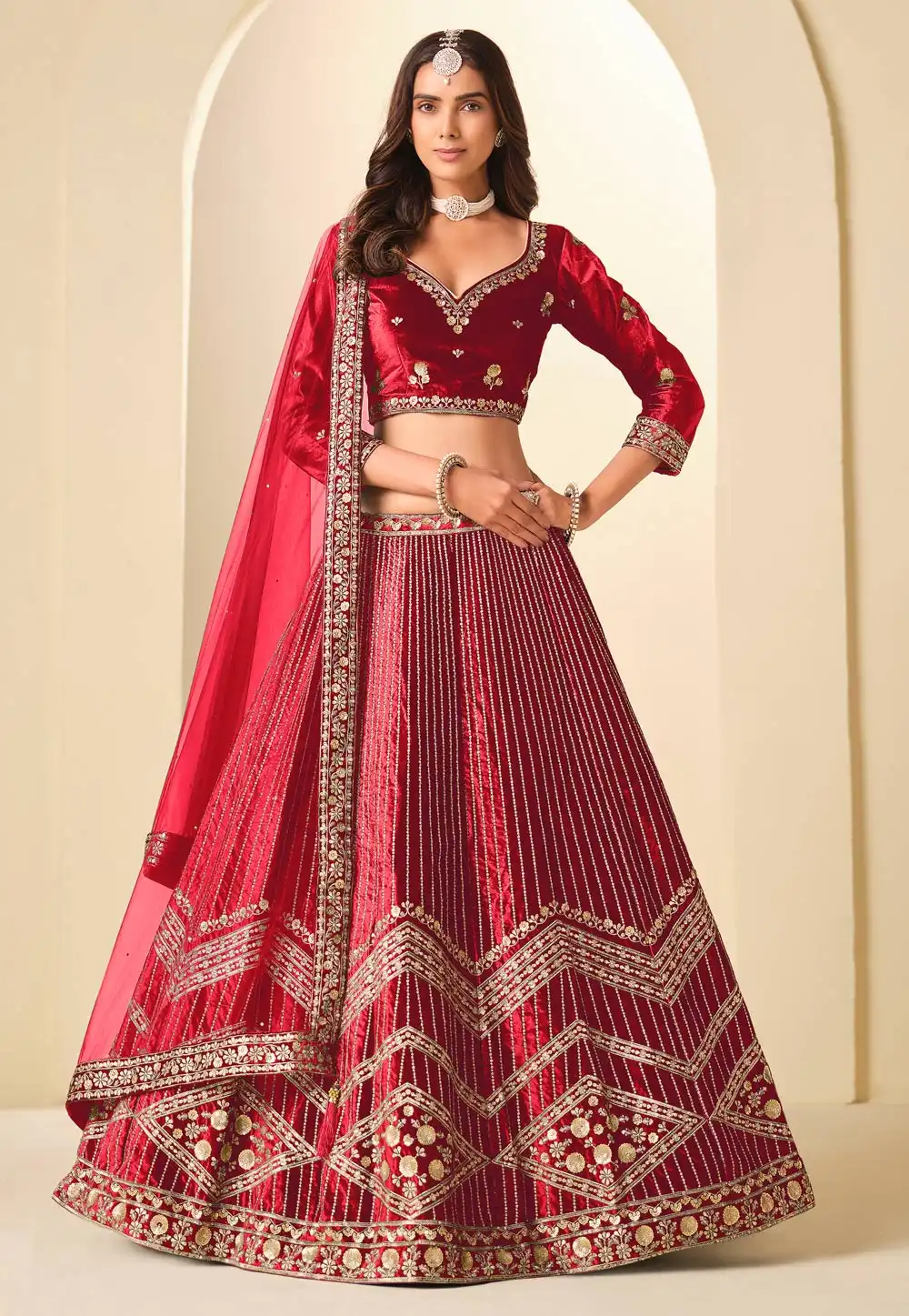Maroon Velvet Lehenga Choli 321453