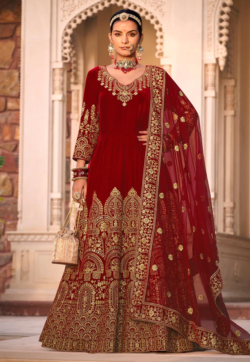 Maroon Velvet Long Anarkali Suit 280667