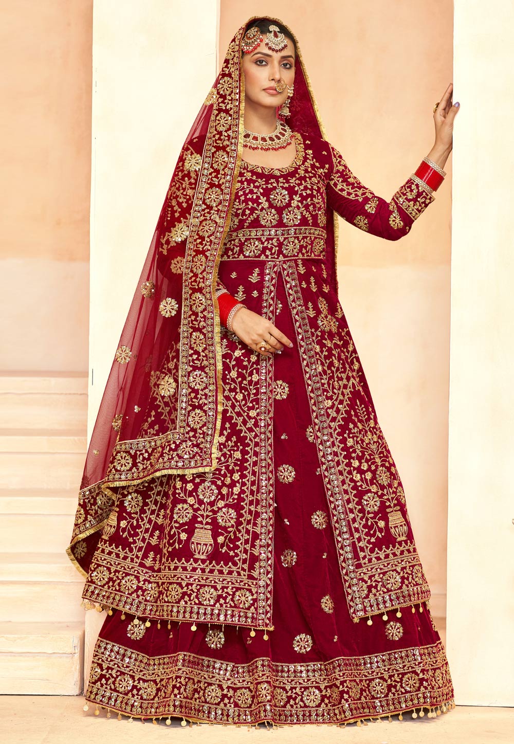 Maroon Velvet Long Choli Lehenga 308935