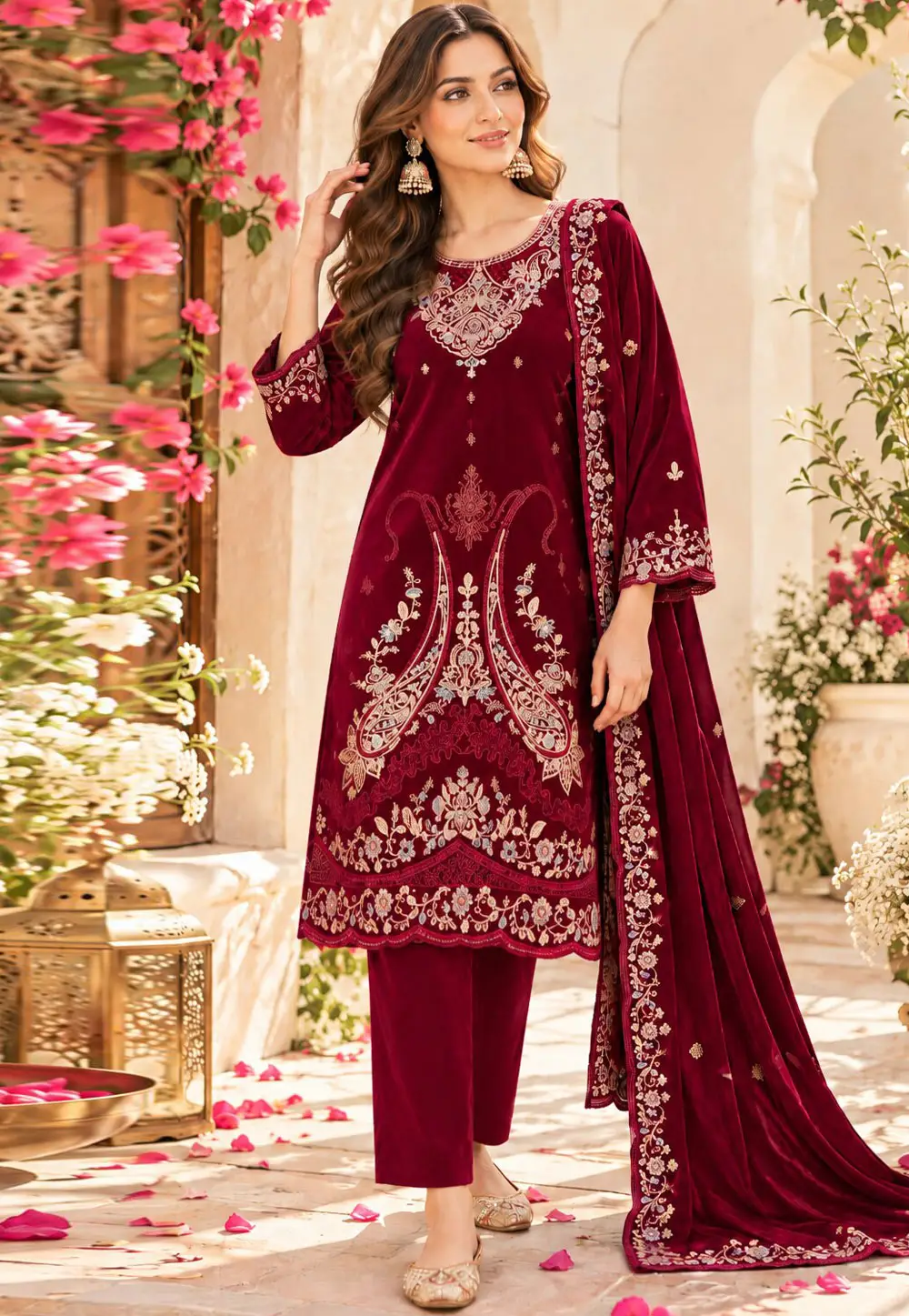 Maroon Velvet Pakistani Suit 336259