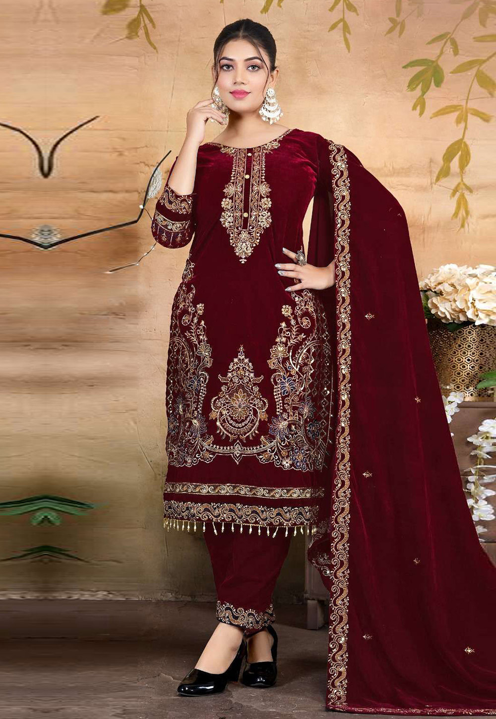 Maroon Velvet Pant Style Suit 322253