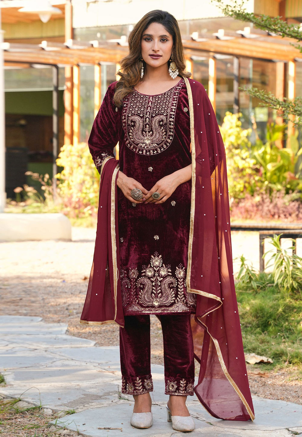 Maroon Velvet Readymade Pakistani Suit 325471
