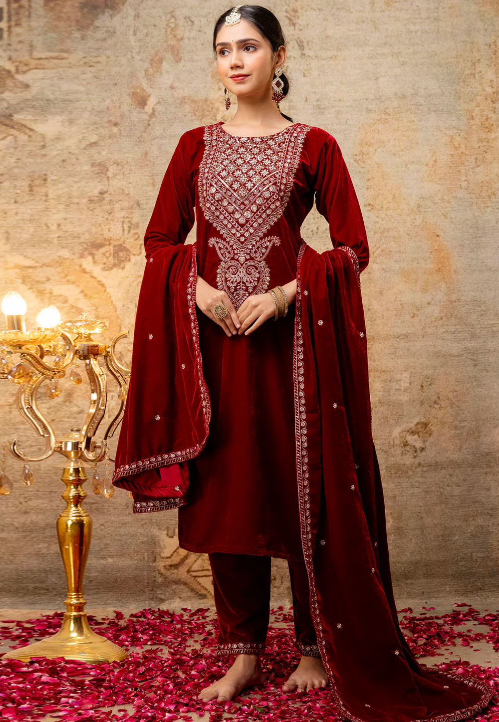 Maroon Velvet Readymade Pakistani Suit 307068
