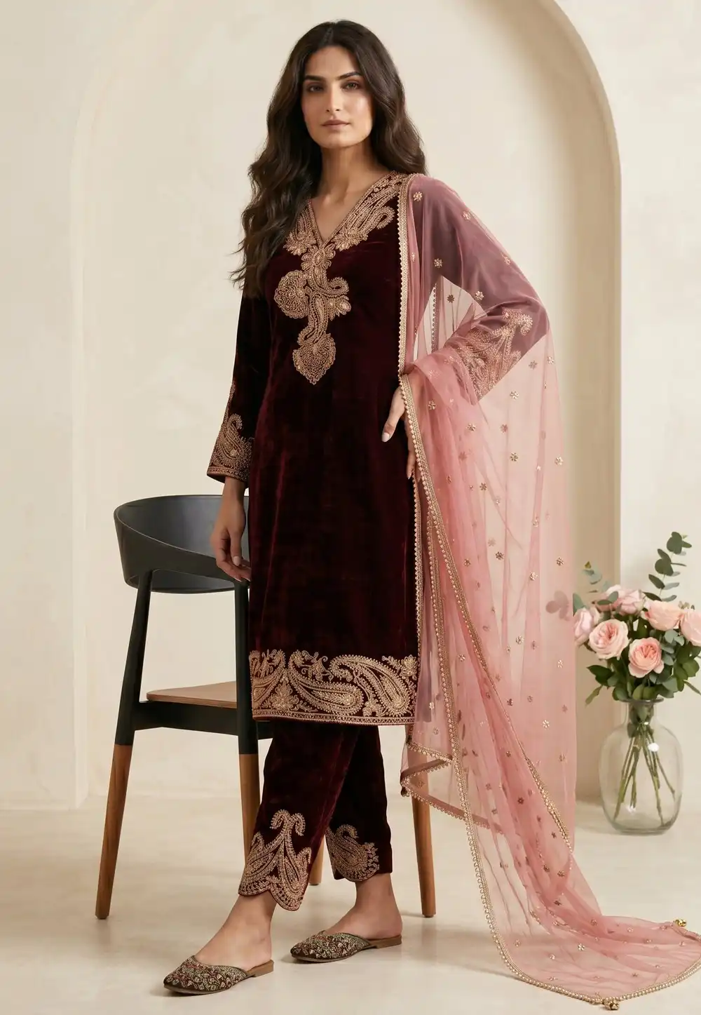 Maroon Velvet Readymade Pakistani Suit 330699