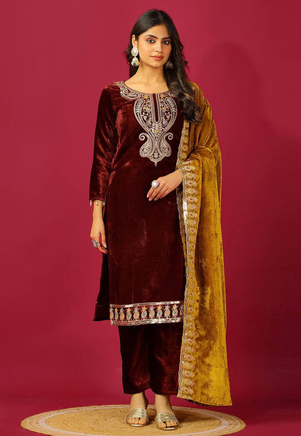 Maroon Velvet Readymade Pakistani Suit 307328