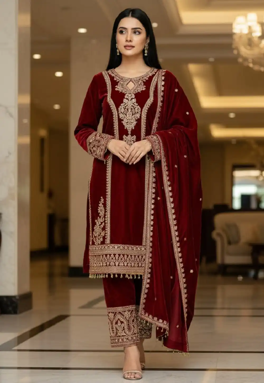 Maroon Velvet Readymade Pakistani Suit 322242