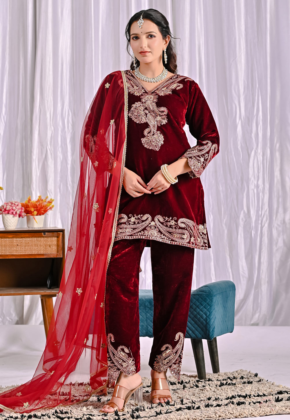 Maroon Velvet Readymade Pant Style Suit 320445