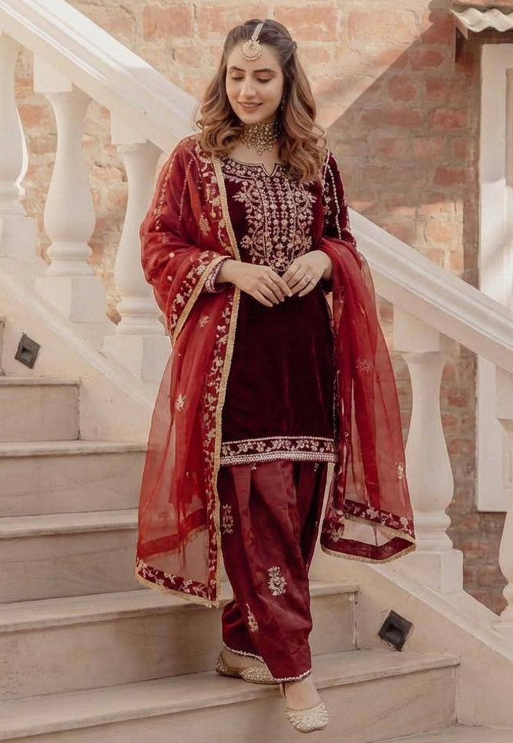 Maroon Velvet Readymade Patiala Suit 321473