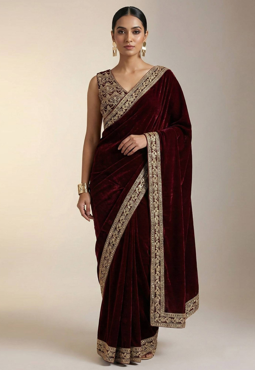 Maroon Velvet Saree With Blouse 322356