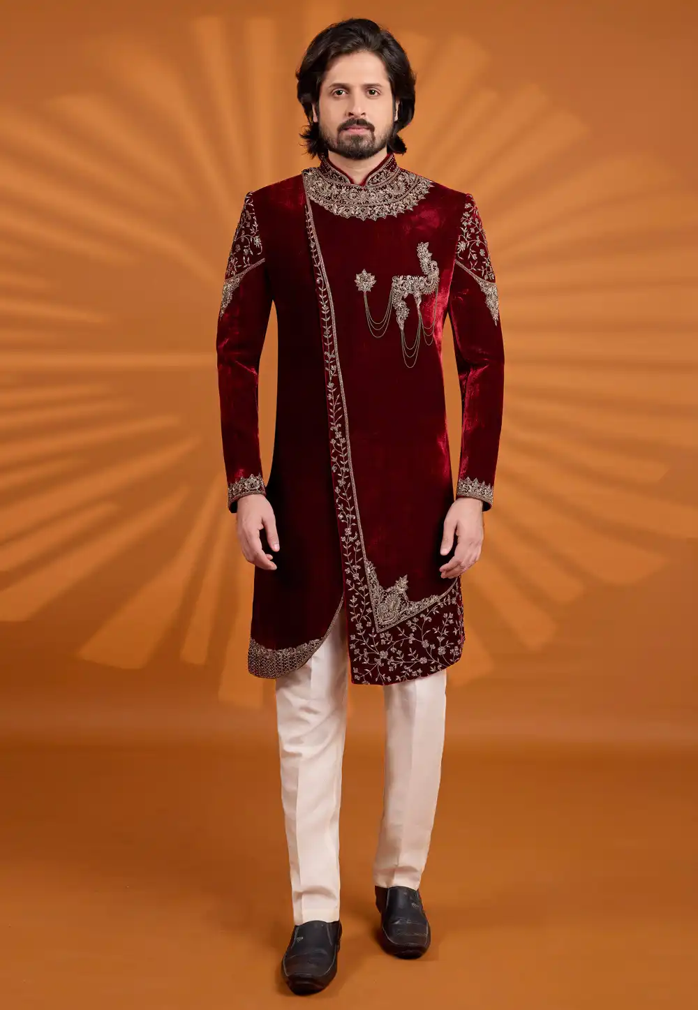 Maroon Velvet Sherwani 330248