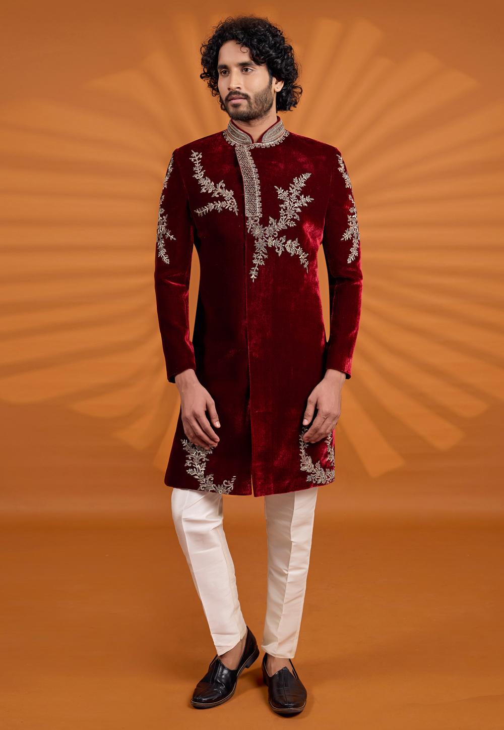 Maroon Velvet Sherwani 330249