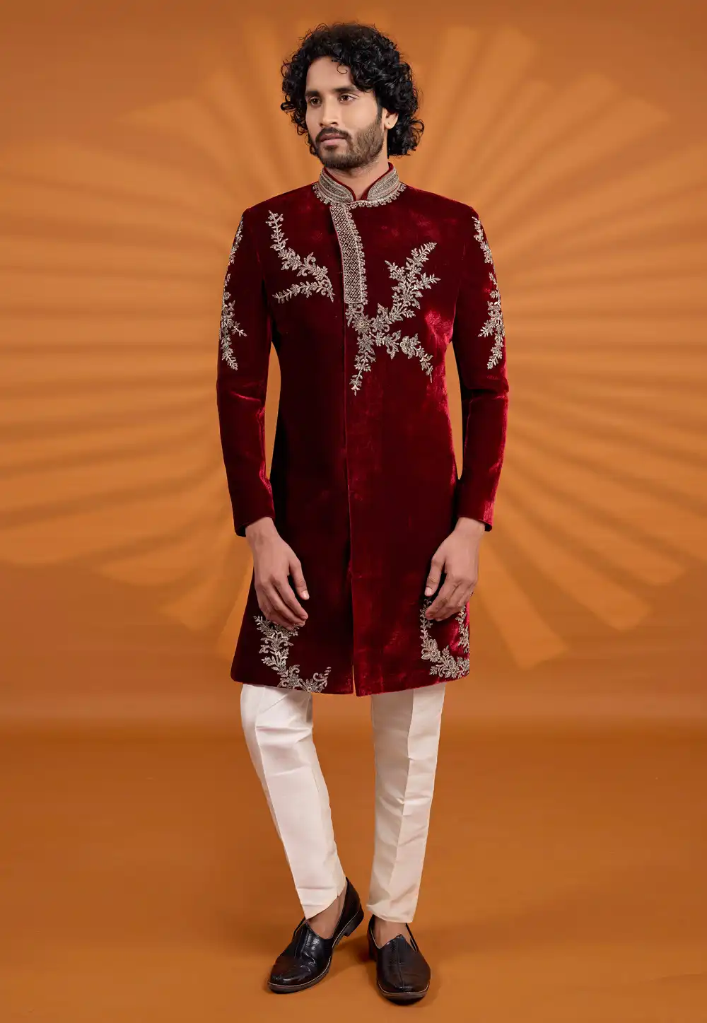Maroon Velvet Sherwani 330249