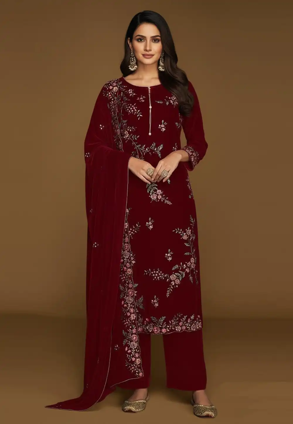 Maroon Velvet Straight Suit 322065