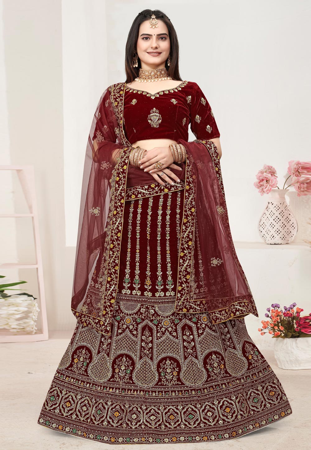 Maroon Velvet Wedding Lehenga Choli 279395