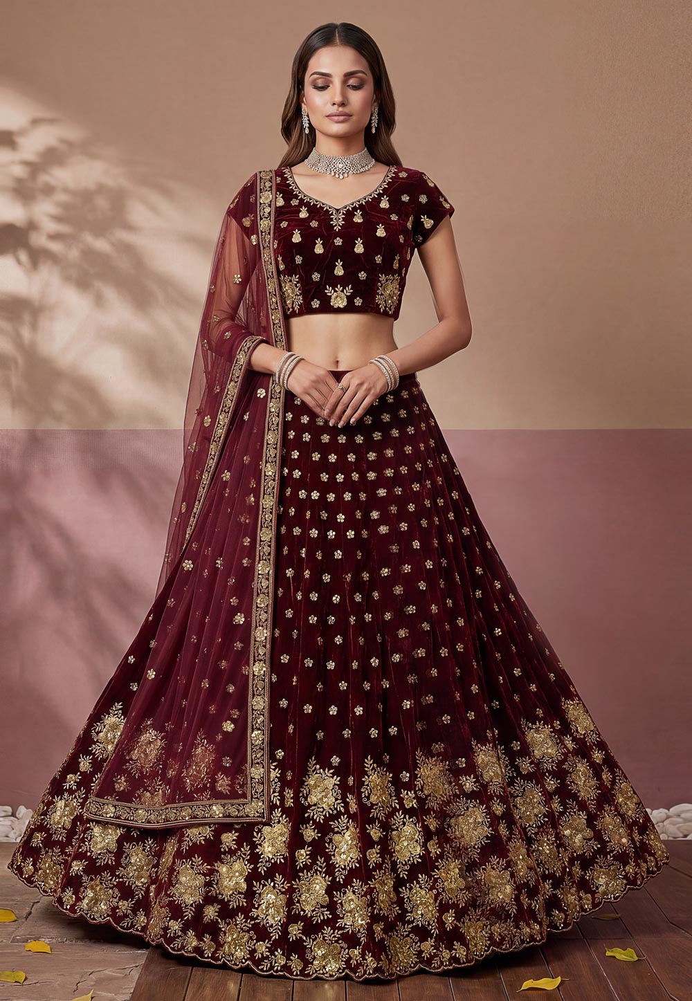 Maroon Velvet Wedding Lehenga Choli 326316
