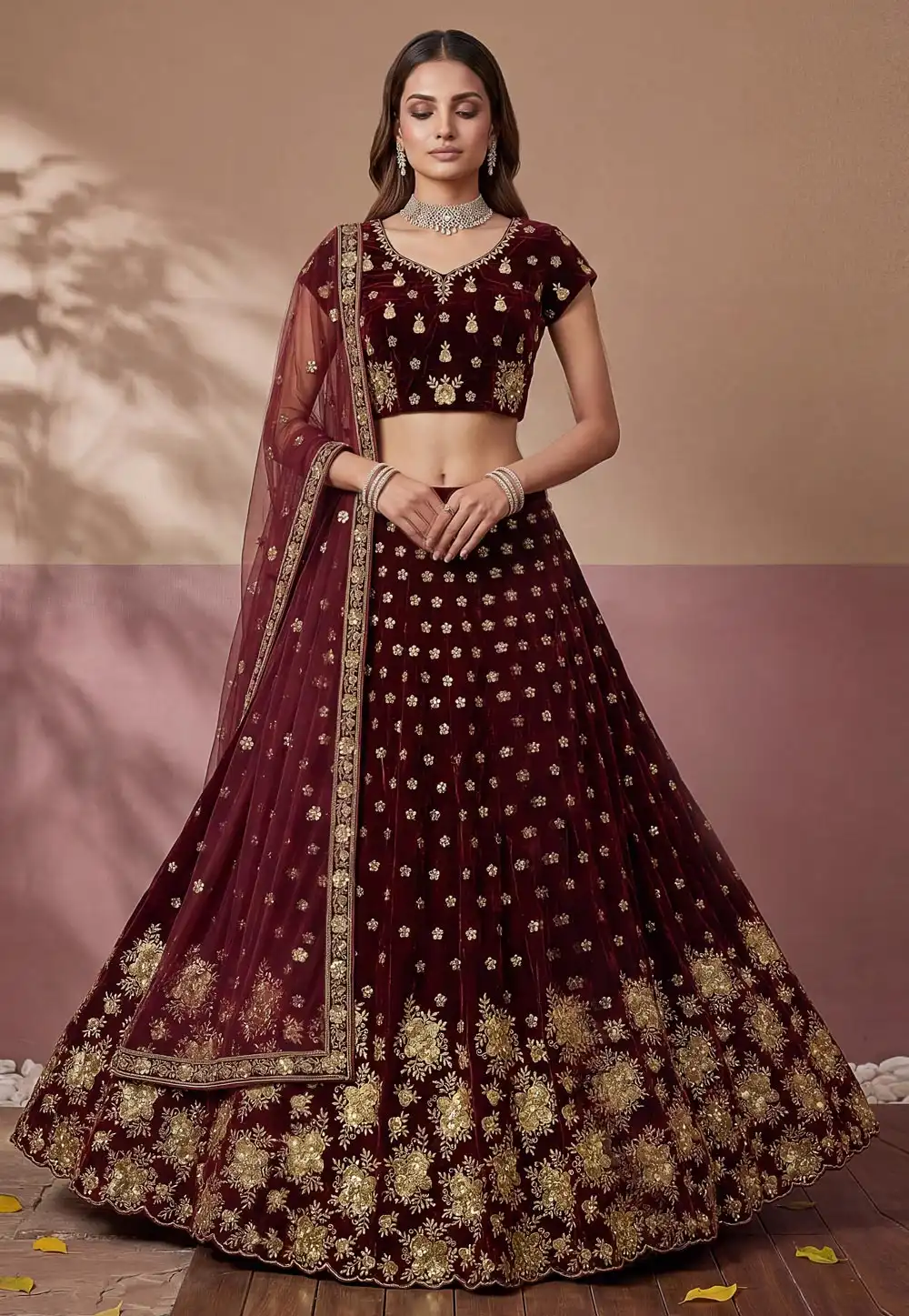 Maroon Velvet Wedding Lehenga Choli 326316